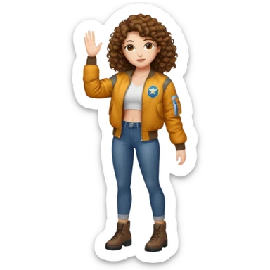full body woman short curly brown mullet brown eyes white skin muscular build firefly bomber jacket sticker
