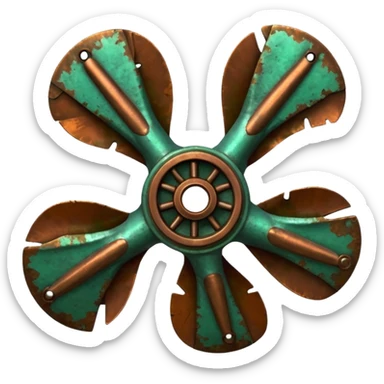 3D render of Ship Propeller, heavily oxidized copper texture, verdigris patina, Bronze blades with green barnacle/rust spots, weathered bronze aesthetic, ancient decay, emoji style, isolated on white background --v 6.0. sticker
