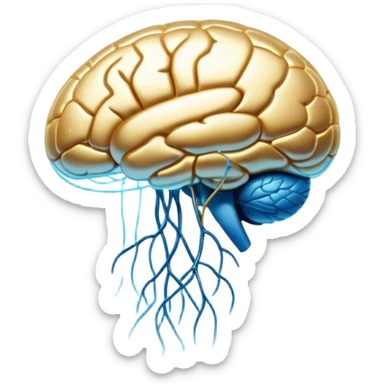 Shimmering pearlescent blue capsule floating in the foreground with an ethereal, glowing brain positioned behind it. Golden neural connections illuminate the brain. A small liver symbol nearby, all surrounded by a mystical aura of mental clarity sticker