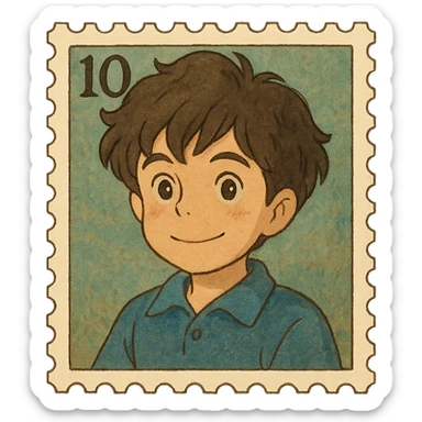 boy with slightly wavy hair designed as a letter stamp sticker