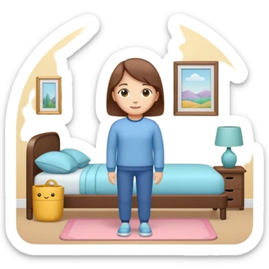 cozy clean room with neatly organized objects, simplified human character standing peacefully, feeling satisfied and calm, sense of order and balance, flat custom emoji sticker, pastel colors, rounded shapes, minimal details, thick outline, white background, no text sticker