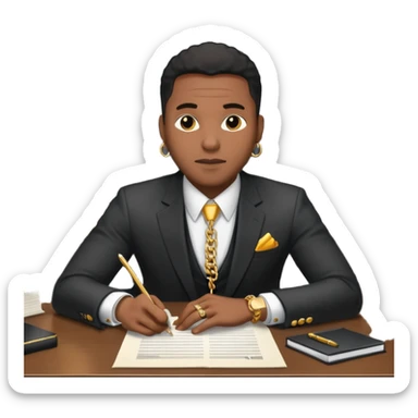 Hip hop music record company executive in office sitting at desk with contract on top of desk sticker