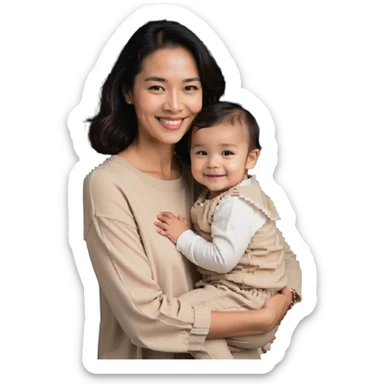A happy mother with a child in beige clothes sticker