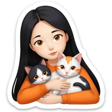 Asian girl with long black hair and the cat is lying on her shoulder, cat is mostly white with orange markings, tender moment sticker