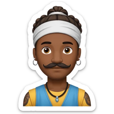 bun hair man and mustache and face tattoos very heavy and headband sticker