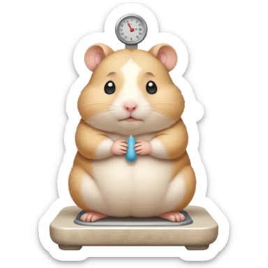 Cute chubby cartoon-style hamster standing on a bathroom scale, looking nervous with praying hands. Painterly shading, expressive eyes, white background, sticker-style illustration sticker
