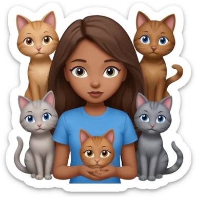 a pretty bratz dusky girl with long brown hair, blue eyes with six cats nd wearing a grey tshirt sticker