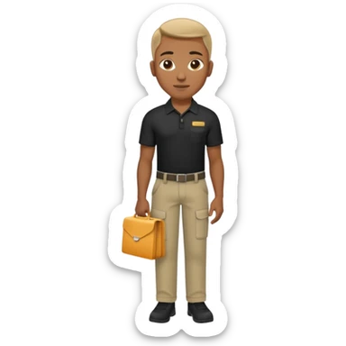 black guy with a black shirt and khaki pants wearing a name tag saying “premium wireless” sticker
