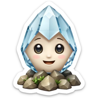 A single cute crystal rock character inspired by a clear quartz cluster, chunky round base with many tall transparent crystal spikes growing upward all around it, faceted and slightly imperfect, on the front of the base a big kawaii face with large glossy eyes and a wide happy smile sticker