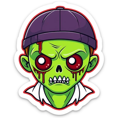 green zombie with blood on lower eyelid, wearing LA hat, white shirt, blood on mouth sticker