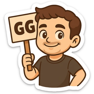 Edit the man from the first image to hold a sign that says 'GG', matching the cartoon style and pose similar to the second image. Keep the background transparent. sticker