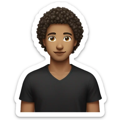 A young man with a curly haircut is seen in the image wearing a black shirt. The man appears to be around 23 years old and is identified as male. The man's curly hair adds texture to his overall appearance. sticker