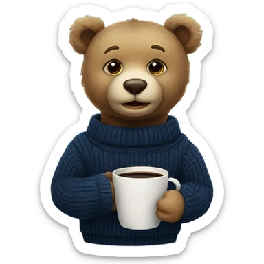 teddy bear wearing a navy sweater and holding a coffee cup sticker