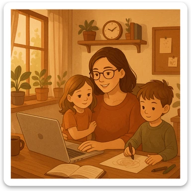 work from home mom with daughter and son, cozy home office, warm atmosphere sticker