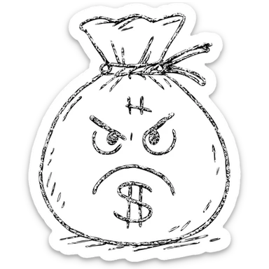 hand drawn outlined angry bag of money icon sticker