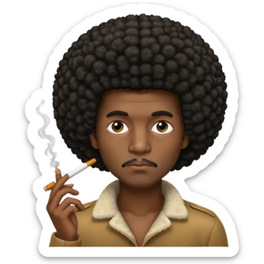 A black man with an afro, narrowed eyes who smockes sticker