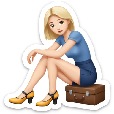 white woman sitting trying on shoes sticker