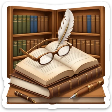 An icon featuring an open book with classic text, a feather quill, and reading glasses, symbolizing literary studies. The design includes old library shelves and vintage manuscripts in the background. Transparent background emphasizes the deep analysis of written works and literary history. sticker
