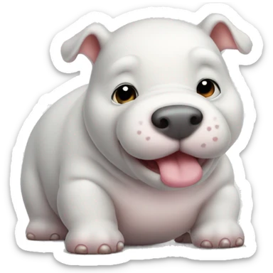 chubby white baby hippo dog with a belly sticker