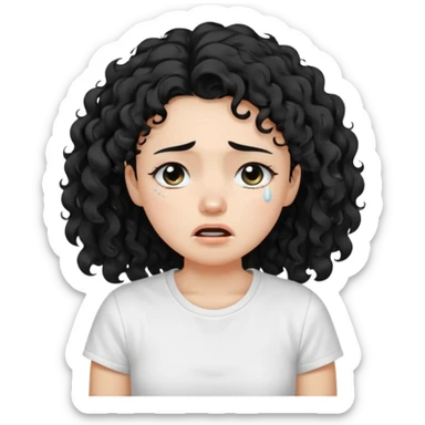 a pretty fair bratz girl with black curly hair, crying, wearing a white tshirt sticker