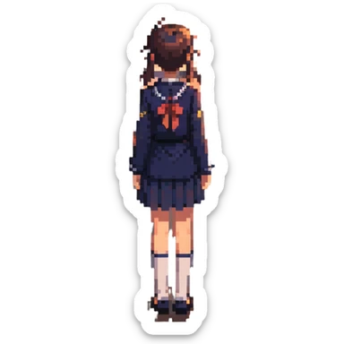 Japanese schoolgirl in uniform standing in a classroom with sunset light, hands at sides, one empty desk, looking out window, emotional atmosphere sticker