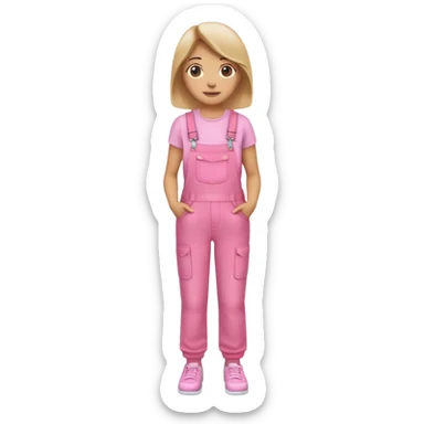 A woman emoji wearing pink overalls, with a neutral or slight smile, simple design, and casual style with white shoes sticker