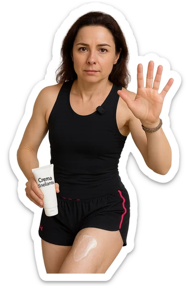 Donna con cellulite sulle cosce che usa una crema chiamata "Crema snellente" sticker