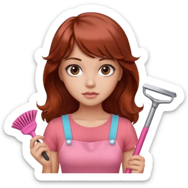emoji of a beautiful woman with an arrogant expression, light tanned skin, big black eyes, long wavy reddish-brown hair with bangs, wearing a pink top, coral color theme, working as a cleaner holding cleaning tools or supplies sticker