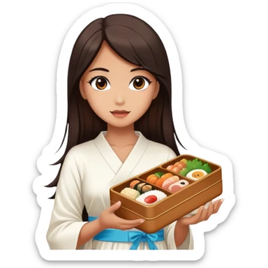 Beautiful woman in 1950’s woman fashion look, white dress, long dark brown hair, Japanese bento sticker