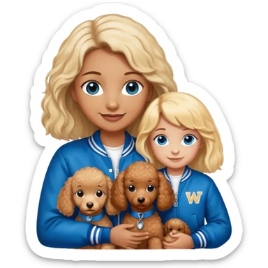 smiling mother in letterman jacket with W and Blue eyes, two Little girls Long blond straight hair and Blue eyes, one brown poodle puppie sticker
