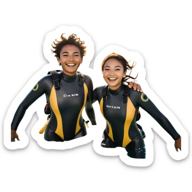 Two friends, as sea explorers, splash each other in the ocean, laughing as their eyes lock in pure joy and appreciation. The sun glistens on the water, highlighting their deep connection and the simple happiness of the moment.  sticker
