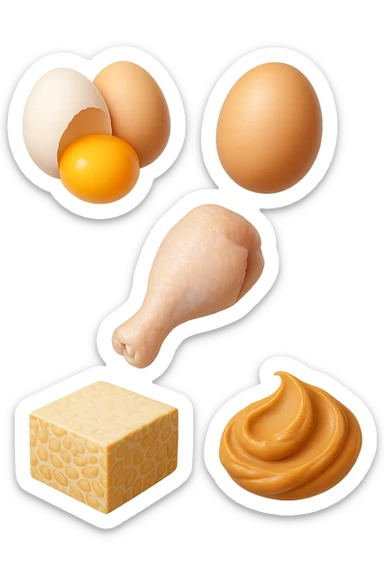 EMOJI STILE IPHONE DI
 uova, pollo, tofu, tempeh, burro di arachidi
, fluttuano in aria REALISTICA 4K sticker