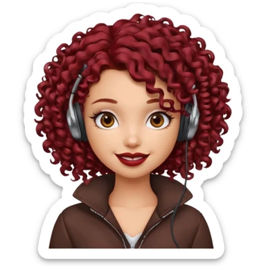 generate a pretty bratz girl curly dark red hair, brown lipstick on, wired earphones on, smiling sticker