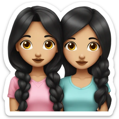 two cute cartoon style brunette girls kissing on the lips. both girls have long black hair, both of their hairstyles are down. One of the girls has freckles. Super cute style. sticker