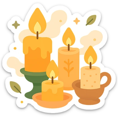 Several cute, glowing candles with flickering flames, set in a cozy and magical atmosphere, designed in a soft color palette: golden orange (FA9B41), deep forest green (4A7C5C), warm taupe brown (96775A), and pastel peach (FFCC9A). The candles are in delicate, slightly vintage holders, with the flames casting a gentle, warm glow. The wax is in shades of golden orange and peach, with subtle gradients, and small decorative patterns or tiny sparkles around them. The soft light from the candles creates a dreamy, enchanting ambiance, surrounded by tiny floating leaves or soft mist. The overall mood is serene, inviting, and magical. sticker
