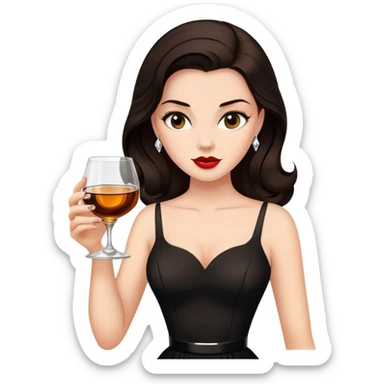 Beautiful woman in 1950’s woman fashion look, black dress, long dark brown hair, whisky with ice sticker