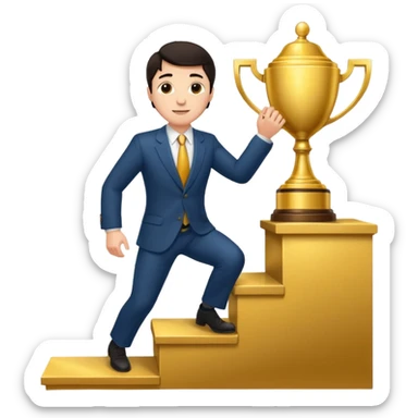 UN HOMBRE DE PIEL CLARA Y PELO OSCURO SUBIENDO ESCALERAS PARA ALCANZAR UN TROFEO sticker