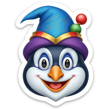 crazy funny colorful penguin jolly joker, medieval, vintage, court jester, mac os icon, blue color sticker