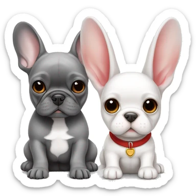 French bulldog puppy is gray with a white stripe between the eyes next to a white rabbit with red highlights in its eyes sticker