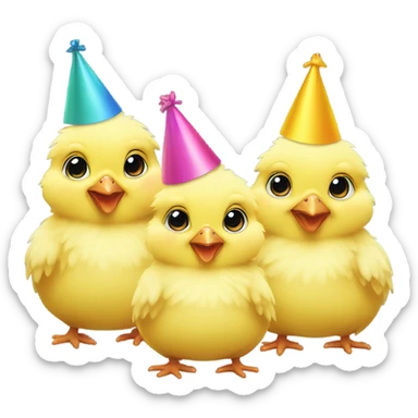 4 baby yellow chickens, wearing party hats sticker