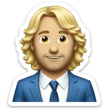 Trey Parker in a blue suit and blond hair sticker