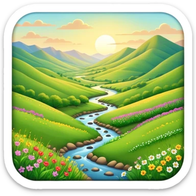 Cinematic Realistic Valley Emoji, Lush and serene, with gently sloping hills surrounding a vibrant green valley filled with wildflowers and a small stream. The soft, golden sunlight filters through the valley, casting peaceful, warm shadows across the landscape. Soft glowing outline, capturing the essence of natural peace and gentle beauty in a sprawling valley. sticker