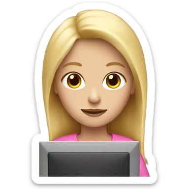 blonde girl with a pink computer  sticker