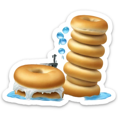 Leaning tower of Pisa with bagels on the ground and water coming out of the top sticker