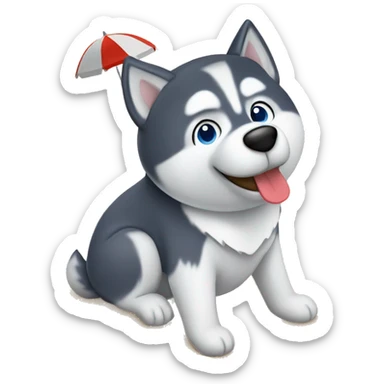 Husky on a beach sunbathing under umbrella sticker