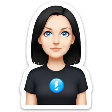 female, wearing black tshirt,  black hair sticker