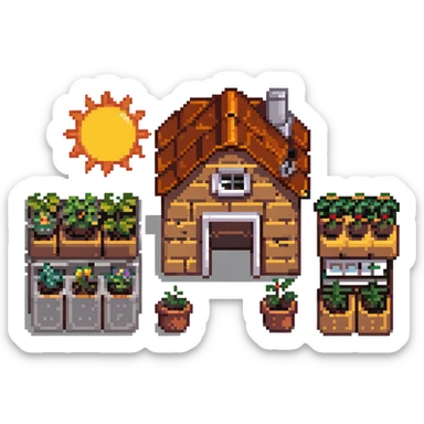 dream life as a pixel art scene with a small home, garden, and sun sticker