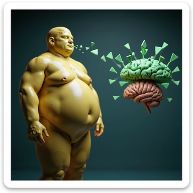 medical CGI showing obese man's fat cells as yellow blobs screaming green triangle leptin molecules toward a damaged hypothalamus; leptin receptors appear as broken doors; a thin person's brain nearby absorbing leptin efficiently; hyper-realistic, 4K, clinical style sticker