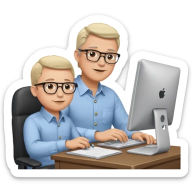 Middle aged man with glasses working at his desk, with his child sitting behind him on the head rest of his chair looking at his computer sticker