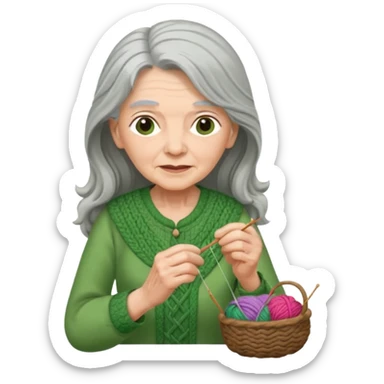 elderly women  working knitting in long hair green dress sticker